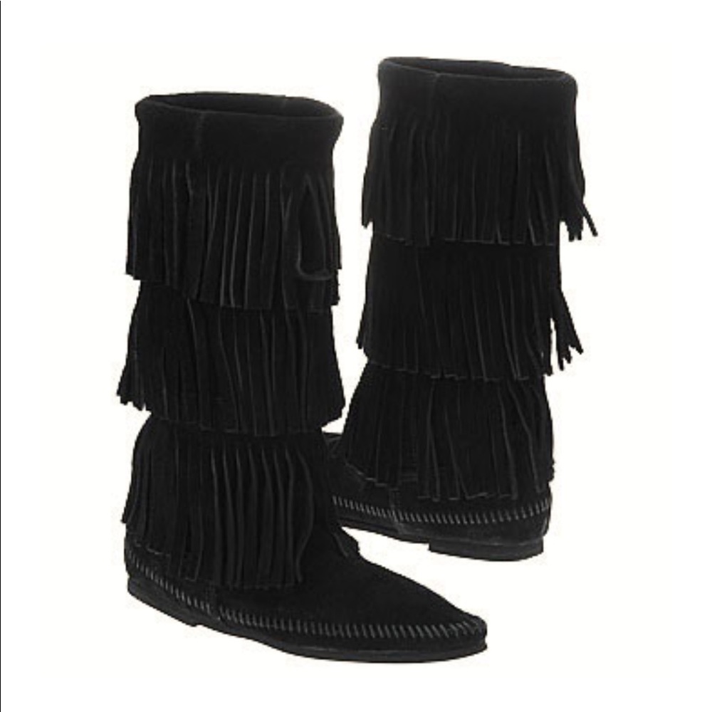 Minnetonka 3 Layer Fringe Boot Black Suede Size 10 - image 1